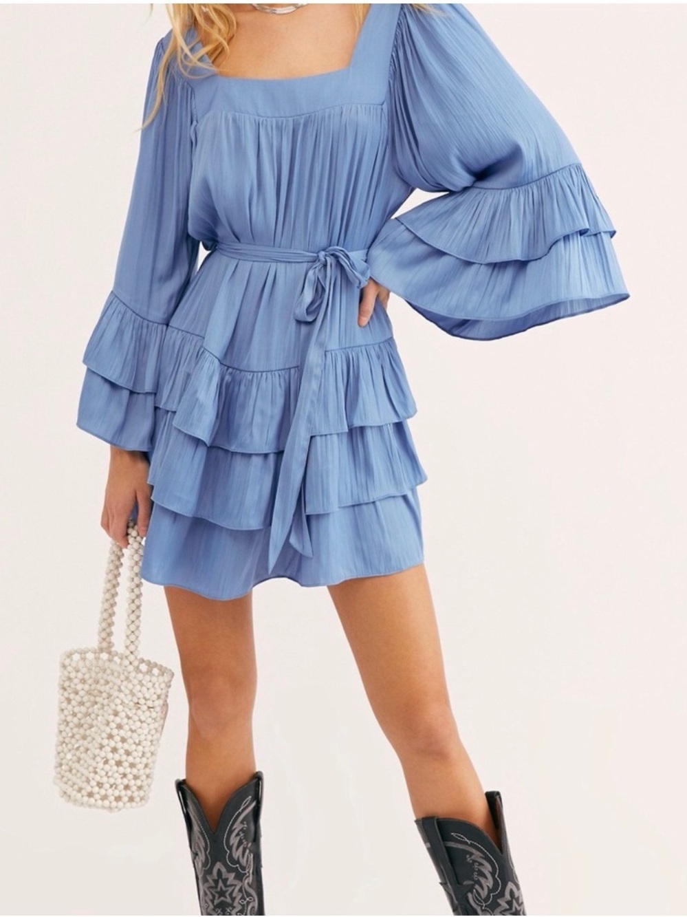 Free People Periwinkle Blue Tiered Ruffle Square-Neck Mini Dress